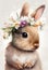 Beautiful watercolor rabbit baby portrait, great design with flowers crown. Cute wildlife animal cartoon drawing Poster
