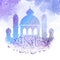 Beautiful watercolor Ramadan Kareem vector illustration in Arabic calligraphy with mosque painting