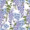 Beautiful watercolor seamless pattern with flowers of wisteria and plumbago.