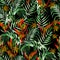 Beautiful watercolor seamless pattern with tropical leaves, hibiscus flowers and strelitzia.