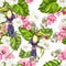 Beautiful watercolor tropical pattern with orchids, hibiscus flowers and tropical leaves, bird tucan.