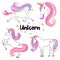 Beautiful watercolor unicorns set in pink and purple colors