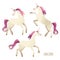 Beautiful watercolor unicorns set in pink and purple colors. Vector illustration.