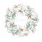 Beautiful watercolor wedding wreath with cotton, eucalyptus and leaves.