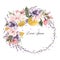 Beautiful watercolor wreath with lavender flowers, anemone, magnolia and orange fruits.