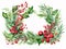 Beautiful watercolour Christmas wreath in red and green with an assortment of leaves