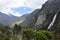 A beautiful waterfall falls from a high mountain, on the way to Lagoon 69. Huascaran National Park in the Sands of Peru