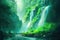a beautiful waterfall in a rainforest, anime painting, ai generated image