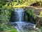 Beautiful waterfall surrounded by green vegetation. Jesmond Dene, Newcastle, England, UK.