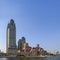 Beautiful waterfront cityscape with historical buildings and modern skyscaper building on riverside Haihe River tianjin city,
