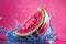 Beautiful watermelon splash in pink background, water drops