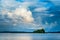 Beautiful waterscape on a lake and dramatic gloomy and cloudy sky at evening. beauty in nature