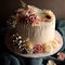 Beautiful wedding cake decorated with flowers and frosting, closeup, tasty cream pastry, generative ai