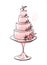 Beautiful wedding cake modern watercolor sketch, tiered birthday cake with a heart topper on a stand. Modern vector