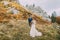 Beautiful wedding couple on idyllic pastoral landscape as backround