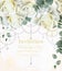 Beautiful wedding invitation with white roses flowers. Luxurious watercolor floral Vector card. Vintage jewellery decor designs