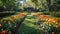 Beautiful well-kept spring garden. The green lawn emphasizes the full bloom of flowers in the mixborder. Diverse floral