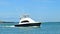 Beautiful white and black fishing yacht boat on the blue water