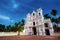 Beautiful white catholic cathedral at night in Goa, India