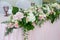 Beautiful white dinner table for newlyweds decorated with greenery and long cloth. Long flower arrangement of hydrangeas, roses, g