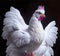 The beautiful white hen with light pink color beak, wattle and comb made a dramatic entrance, captivating everyone with its