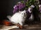 Beautiful white kitten with blue eyes. Still life in vintage style with a bouquet of lilacs and a violin