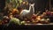Beautiful white lama rest over a table of cornucopia of fruit and vegetables
