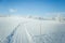 A beautiful white landscape of a snowy winter day with tracks for snowmobile or dog sled