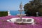 The beautiful white marble fountain is surrounded by pink flowers. Southern terrace of the Vorontsov Palace.