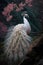 Beautiful white peacock glittering feathers, peach blossoms, flowing water. Generative AI