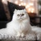 Beautiful white persian cat sitting on sofa in room with Christmas lights