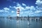 Beautiful white-red lighthouse in town of Podersdorf am See, freshwater Neusiedler See. Man of European origin stands under
