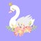 Beautiful white romantic dreaming swan princess with crown and floral flowers bouquet