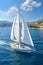 Beautiful white sailing yacht in the sea with mountains and town on a sunny summer day