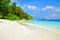 Beautiful white sand tropical beach landscape. Maldives island, Indian Ocean. Travel and summer vacation background