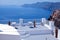 Beautiful white terrace overlooking sea in Oia, Santorini, Cycla