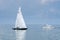 Beautiful white yacht sailing at IJsselmeer bay. Netherlands