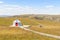 Beautiful white Yurts with pray flags and dray in Huanghuagou Huitengxile grassland near Hohhot, Inner Mongolia, China