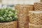 Beautiful wicker basket for flowers, in the foreground plant