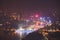 Beautiful wide-angle night aerial view of Guangzhou Zhujiang New Town financial district, Guangdong, China with skyline and scener