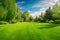 Beautiful wide format image of a manicured country lawn surrounded by trees and shrubs on a bright summer day. Generative AI.