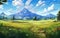 Beautiful wide ghibli landscape background with high mountain