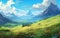 Beautiful wide ghibli landscape background with high mountain