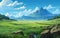 Beautiful wide ghibli landscape background with high mountain