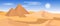 Beautiful widescreen desert landscape with yellow sand dunes and pyramids