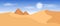 Beautiful widescreen desert landscape with yellow sand dunes and pyramids