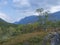 Beautiful wild Lapland nature landscape with with Kungsleden hiking trail path, birch tree bushes, mountains and dramatic clouds.