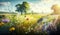 Beautiful wildflower meadow landscape illustration. Sunny countryside garden, field with herbs, grass and flowers in summer