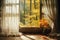Beautiful window with curtain and a view of Autumn woods with Fall foliage colors. Autumn seasonal concept.