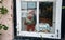 Beautiful window with figures in the street of old town, Lubeck, Germany